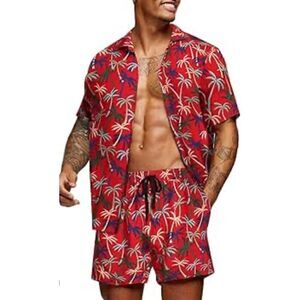 Vatpave Men's Red Tropical Hawaiian Print Shorts Shirt Set Size XXXL